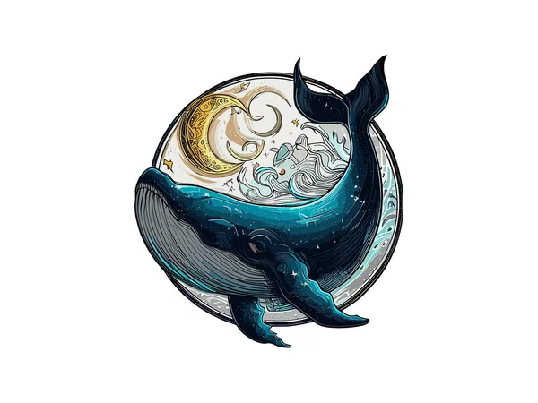 占星術 星占いのシンボル サークルPngクリッパーで泳ぐ2匹の鯨魚 — ストックベクタ