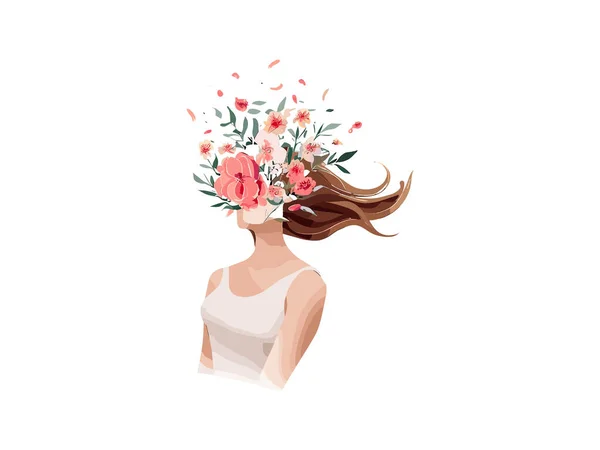 髪の女性の母の日に熱帯の花を持つ女性の水彩画 — ストックベクタ