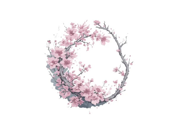 Akvarell Krans Design Med Sakura Blommor Och Blad Hälsning Bröllop — Stock vektor