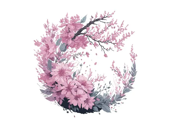 桜の花と葉 結婚式の招待テンプレートでウォーターカラーのリースデザイン ラウンドフレーム境界 — ストックベクタ