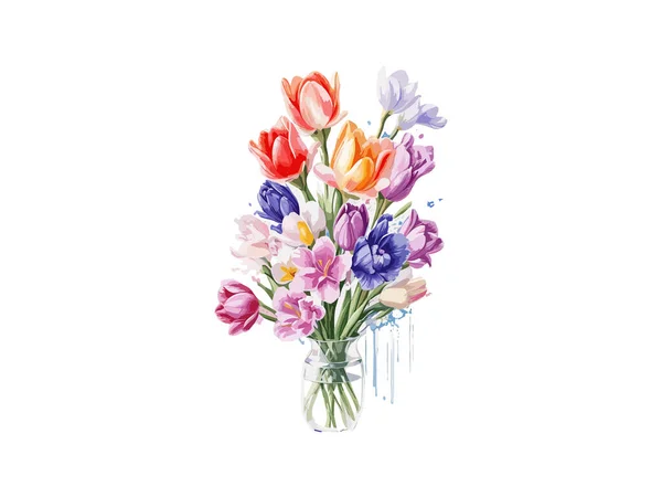 美しいチューリップブーケ ベクターイラストカラフルな水彩チューリップ花瓶 — ストックベクタ