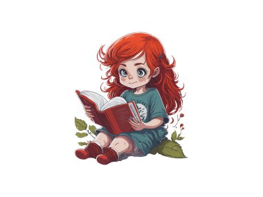  Kitap okuyan küçük kız, kitap ve çiçeklerle sevimli kızıl saçlı kız..