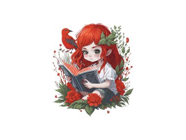  Kitap okuyan küçük kız, kitap ve çiçeklerle sevimli kızıl saçlı kız..