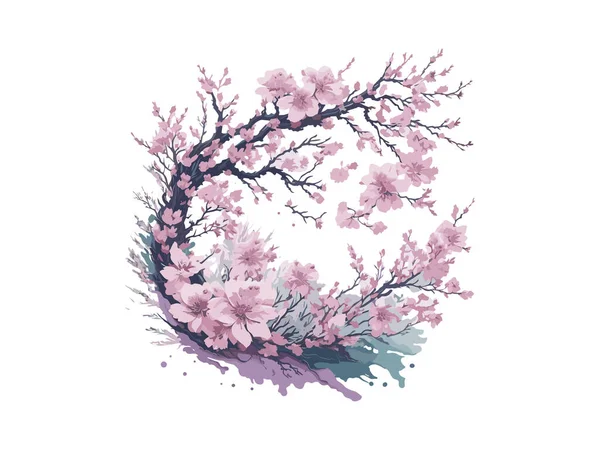 Watercolor Wreath Design Sakura Flowers Leaves Greeting Wedding Invite Template — Stock Vector