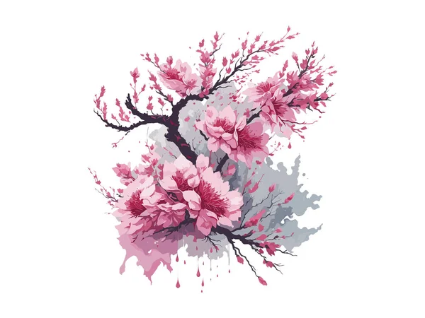 Vector Branch Spring Flowers Watercolor Tree Branch Detailed Hand Drawn — Stock Vector
