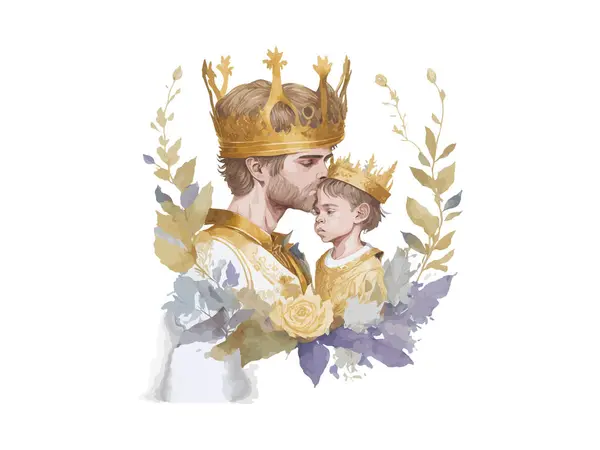 Watercolor Stronge Pai Rei Homem Com Sua Filha Filho Conceito — Vetor de Stock