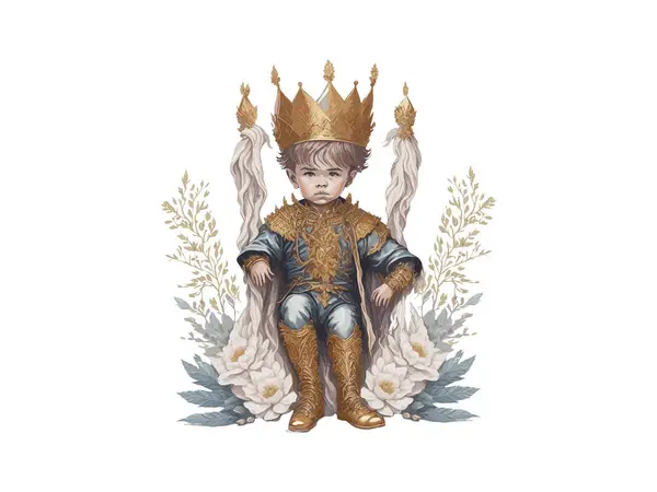 Watercolor Illustration Crown Prince Little King Sitting Throne — Stock Vector