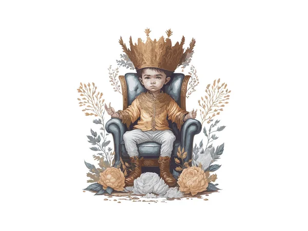 Watercolor Illustration Crown Prince Little King Sitting Throne — Stock Vector