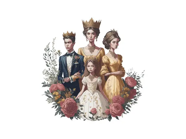 Акварель Королевская Семья Король Королева Принц Принцесса Цветами Векторной Иллюстрации — стоковый вектор
