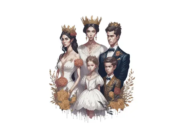 Aquarell Königliche Familie König Königin Prinz Und Prinzessin Mit Blumen — Stockvektor