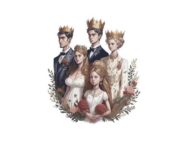 Aquarelle Famille Royale Roi Reine Prince Princesse Avec Fleurs Illustration — Image vectorielle