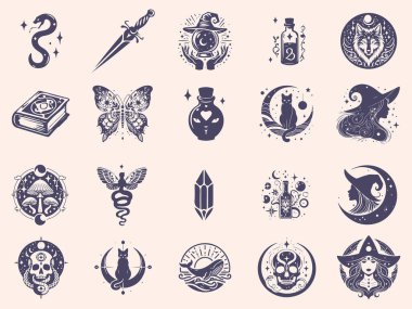 Bir dizi mistik sembol, ay evreleri, kristaller, cadı elleri, kristal toplar, kurt, mantar, zehir, gök dövmesi silueti