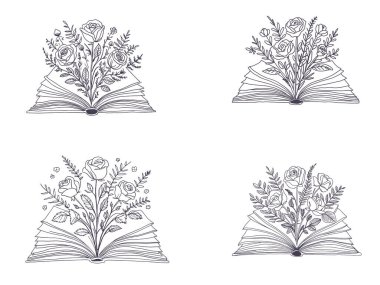 Floral Book isolated clipart, Opened book and wildflowers boho decorative composition, flower daisy bouquet and buyyerfly - black and white vector illustration. clipart