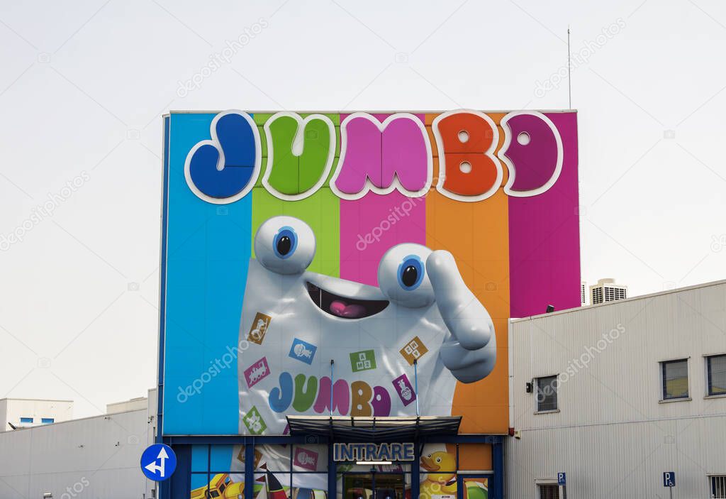 Bucharest, ROMANIA : Jumbo logo in front of the toy store. Jumbo S.A. is a Greek based retail company whose principal activity is toys for children and baby items