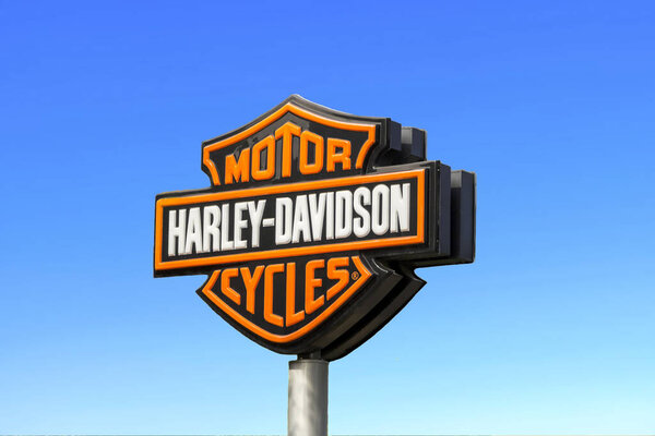 Bucharest, Romania Aug 2022: Harley-Davidson sign and logo. Harley-Davidson, Inc. is an American motorcycle manufacturer.
