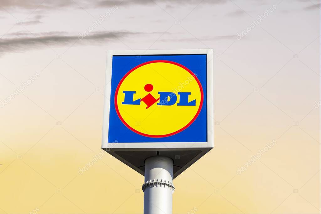 Bucharest, Romania : Lidl shop signboard with brand logo sign. German international discount supermarket retail chain. Convenience grocery store, shopping center.