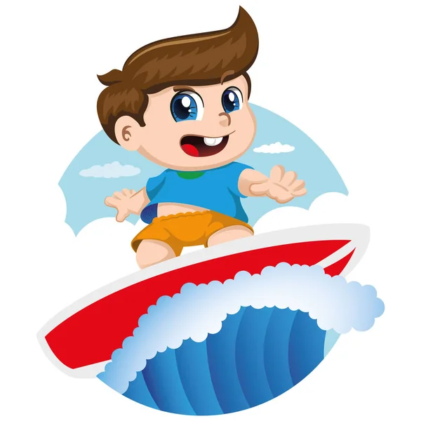 Baby Drawing Left Board Surfing Summer Ideal Institutional Tourist Materials — Stock Vector
