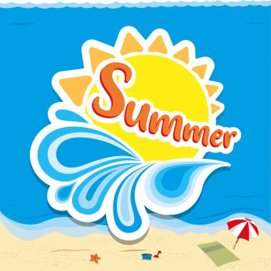 Yazın tropik bir plaj manzarasının tasviri. Kurumsal ve eğitici materyal için ideal.