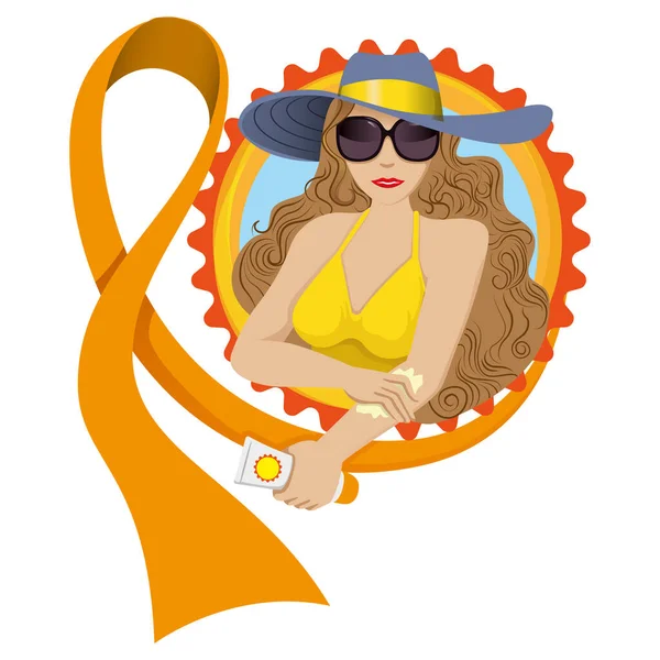 Donna Che Applica Protezione Solare Prevenire Cancro Della Pelle Arancione — Vettoriale Stock