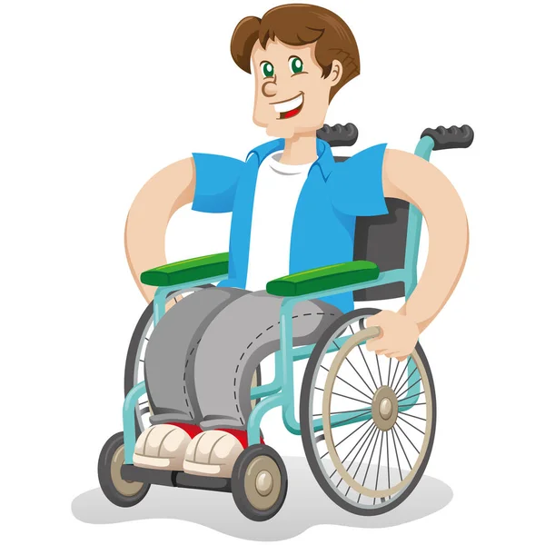Снимке Изображен Молодой Мужчина Передвигающийся Инвалидной Коляске Подающий Сигнал Бедствия Векторная Графика