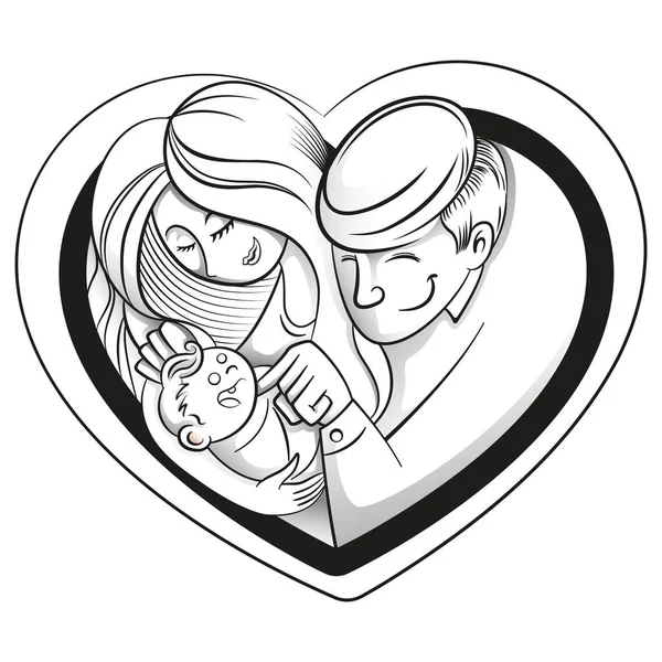 Семейная Любовь Сердце Мама Папа Ребенок Образуют Сердце Черное Белое Лицензионные Стоковые Иллюстрации