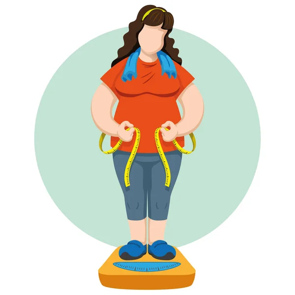 Chubby Woman Scales Measuring Waist Measuring Tape Ideal Training Educational Ilustración De Stock