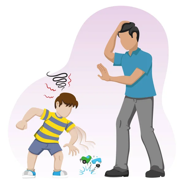 Angry Child Throwing Toy Floor Father Trying Calm Ideal Educational — Stock Vector