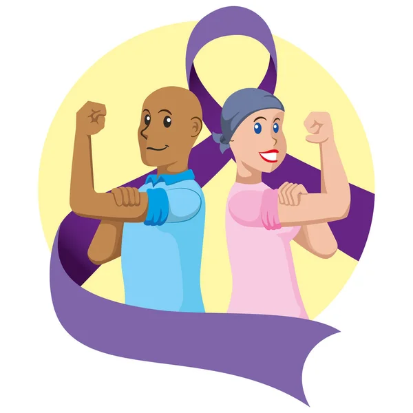Illustration Couple Support Cancer Prevention Purple Bow World Cancer Day Лицензионные Стоковые Векторы