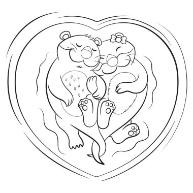 Doğa faunası, bir çift su samurunun resmi, beyazlı siyah. Eğitici ve bilgilendirici materyaller için ideal