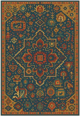 Halk sanatı, yüksek çözünürlüklü modern desenli İran Vektör Halısı 'ndan esinlenerek beyaz tuval üzerinde trend renkleri ile izole edilmiştir.