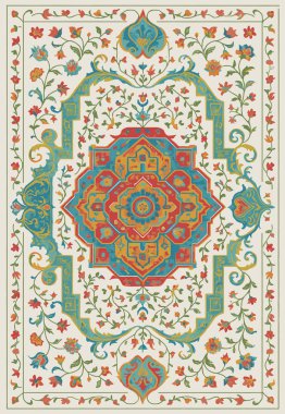 Halk sanatı, yüksek çözünürlüklü modern desenli İran Vektör Halısı 'ndan esinlenerek beyaz tuval üzerinde trend renkleri ile izole edilmiştir.