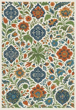 Halk sanatı, yüksek çözünürlüklü modern desenli İran Vektör Halısı 'ndan esinlenerek beyaz tuval üzerinde trend renkleri ile izole edilmiştir.