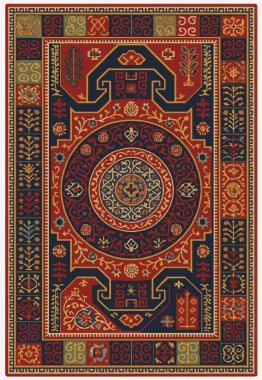 Halk sanatı, yüksek çözünürlüklü modern desenli İran Vektör Halısı 'ndan esinlenerek beyaz tuval üzerinde trend renkleri ile izole edilmiştir.