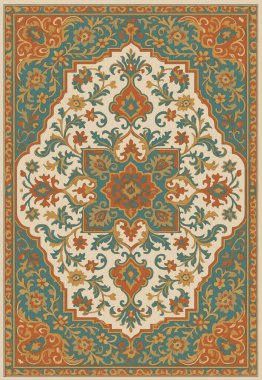 Halk sanatı, yüksek çözünürlüklü modern desenli İran Vektör Halısı 'ndan esinlenerek beyaz tuval üzerinde trend renkleri ile izole edilmiştir.