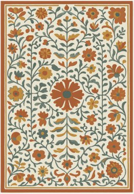 Halk sanatı, yüksek çözünürlüklü modern desenli İran Vektör Halısı 'ndan esinlenerek beyaz tuval üzerinde trend renkleri ile izole edilmiştir.