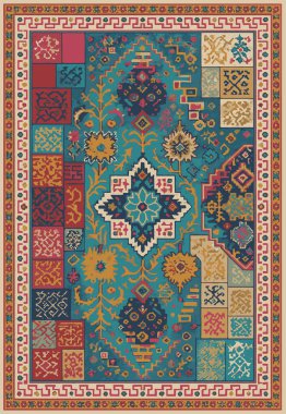 Halk sanatı, yüksek çözünürlüklü modern desenli İran Vektör Halısı 'ndan esinlenerek beyaz tuval üzerinde trend renkleri ile izole edilmiştir.