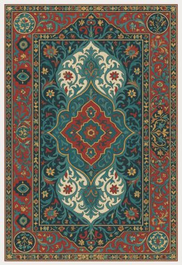 Halk sanatı, yüksek çözünürlüklü modern desenli İran Vektör Halısı 'ndan esinlenerek beyaz tuval üzerinde trend renkleri ile izole edilmiştir.