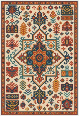 Halk sanatı, yüksek çözünürlüklü modern desenli İran Vektör Halısı 'ndan esinlenerek beyaz tuval üzerinde trend renkleri ile izole edilmiştir.