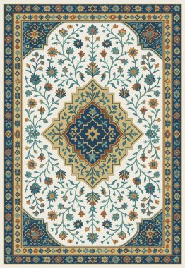 Halk sanatı, yüksek çözünürlüklü modern desenli İran Vektör Halısı 'ndan esinlenerek beyaz tuval üzerinde trend renkleri ile izole edilmiştir.