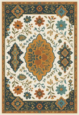 Halk sanatı, yüksek çözünürlüklü modern desenli İran Vektör Halısı 'ndan esinlenerek beyaz tuval üzerinde trend renkleri ile izole edilmiştir.