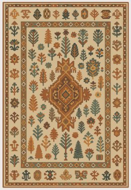 Halk sanatı, yüksek çözünürlüklü modern desenli İran Vektör Halısı 'ndan esinlenerek beyaz tuval üzerinde trend renkleri ile izole edilmiştir.