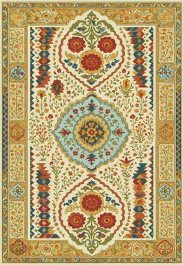 Halk sanatı, yüksek çözünürlüklü modern desenli İran Vektör Halısı 'ndan esinlenerek beyaz tuval üzerinde trend renkleri ile izole edilmiştir.