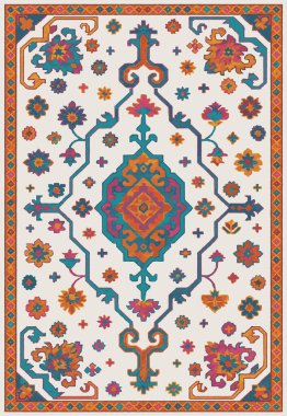 Halk sanatı, yüksek çözünürlüklü modern desenli İran Vektör Halısı 'ndan esinlenerek beyaz tuval üzerinde trend renkleri ile izole edilmiştir.