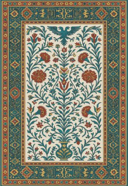 Halk sanatı, yüksek çözünürlüklü modern desenli İran Vektör Halısı 'ndan esinlenerek beyaz tuval üzerinde trend renkleri ile izole edilmiştir.