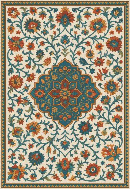 Halk sanatı, yüksek çözünürlüklü modern desenli İran Vektör Halısı 'ndan esinlenerek beyaz tuval üzerinde trend renkleri ile izole edilmiştir.