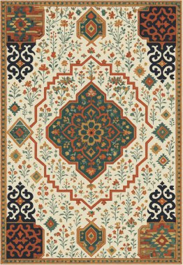 Halk sanatı, yüksek çözünürlüklü modern desenli İran Vektör Halısı 'ndan esinlenerek beyaz tuval üzerinde trend renkleri ile izole edilmiştir.