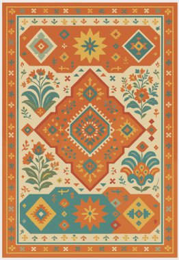 Halk sanatı, yüksek çözünürlüklü modern desenli İran Vektör Halısı 'ndan esinlenerek beyaz tuval üzerinde trend renkleri ile izole edilmiştir.