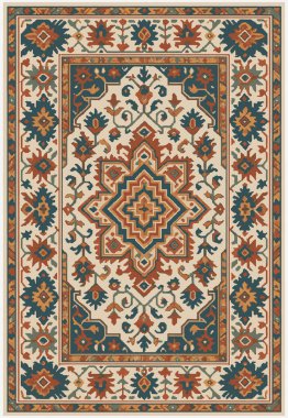 Halk sanatı, yüksek çözünürlüklü modern desenli İran Vektör Halısı 'ndan esinlenerek beyaz tuval üzerinde trend renkleri ile izole edilmiştir.