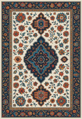 Halk sanatı, yüksek çözünürlüklü modern desenli İran Vektör Halısı 'ndan esinlenerek beyaz tuval üzerinde trend renkleri ile izole edilmiştir.