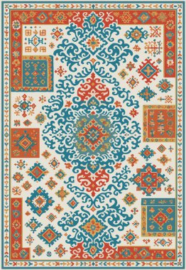 Halk sanatı, yüksek çözünürlüklü modern desenli İran Vektör Halısı 'ndan esinlenerek beyaz tuval üzerinde trend renkleri ile izole edilmiştir.